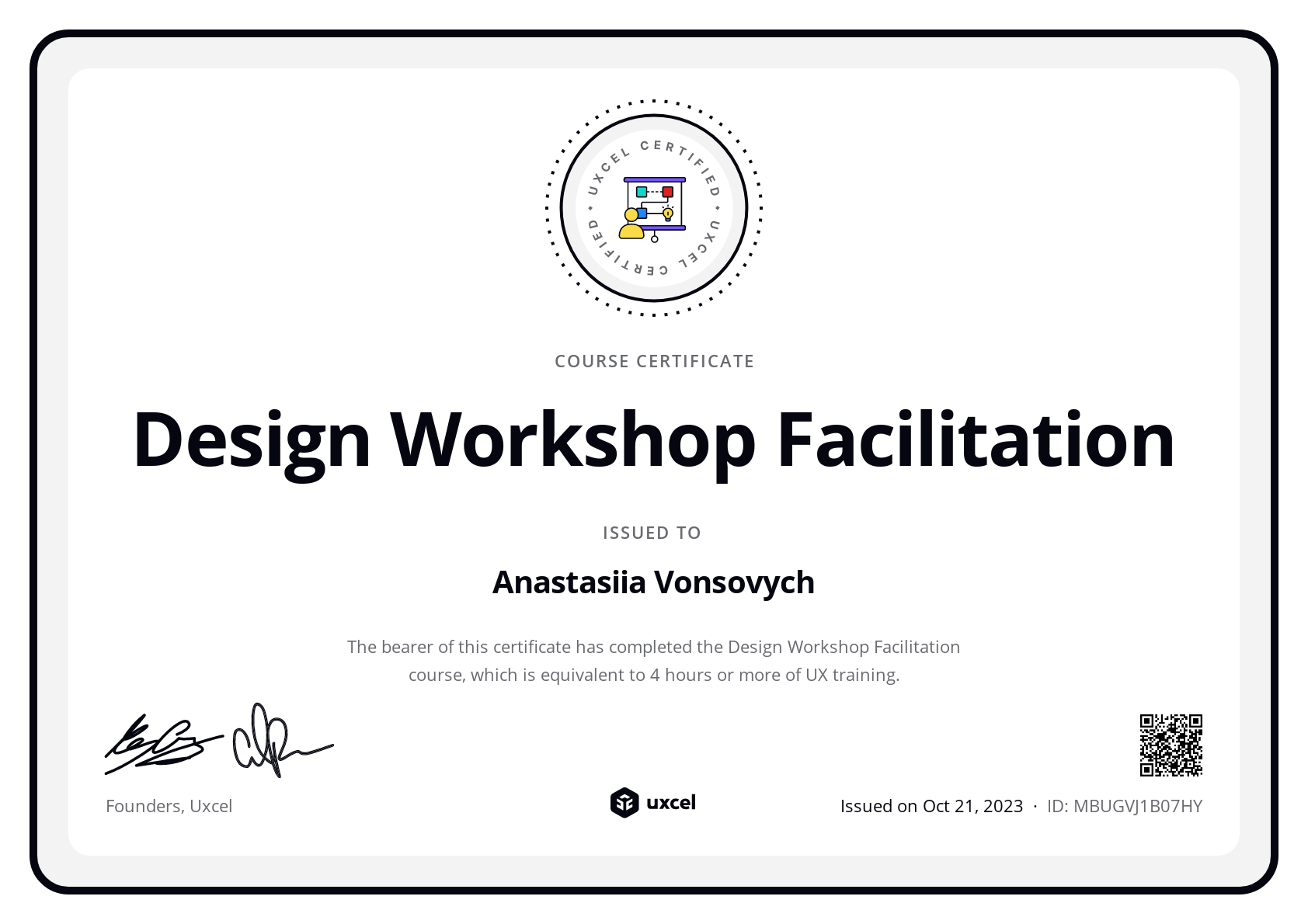 Anastasiia Vonsovych's certificate